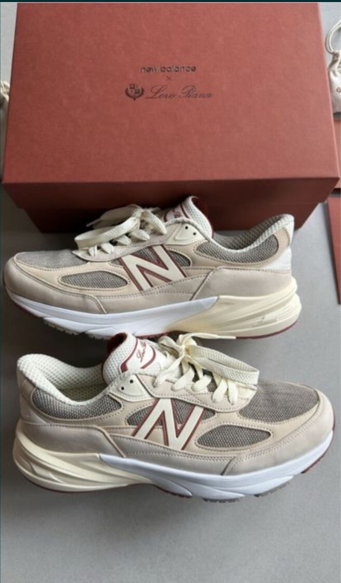 Side view of the New Balance × Loro Piana 990v6 sneakers in the Raw Cashew colourway