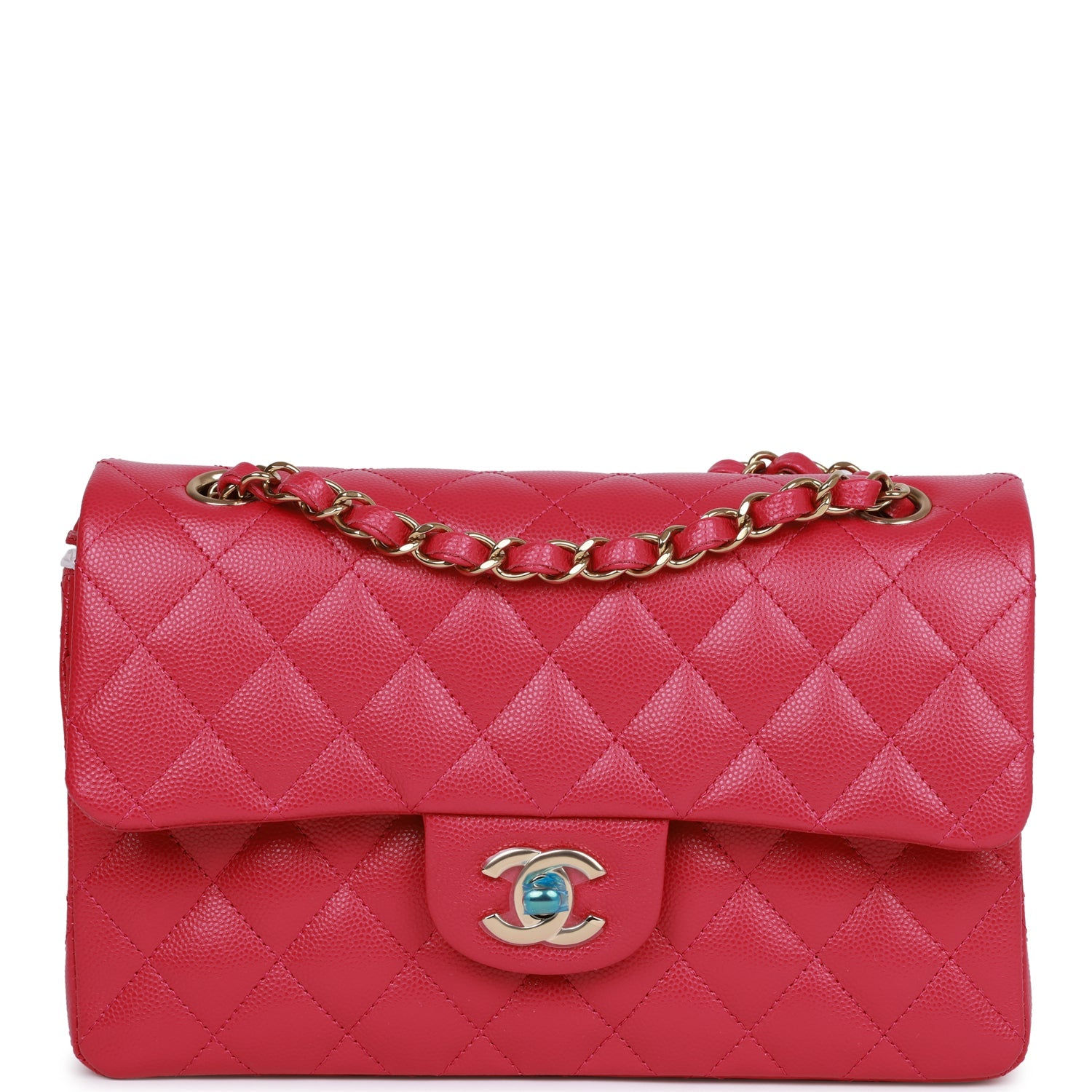 Chanel Small Classic Double Flap bag in fuchsia caviar leather, front view with light gold chain strap