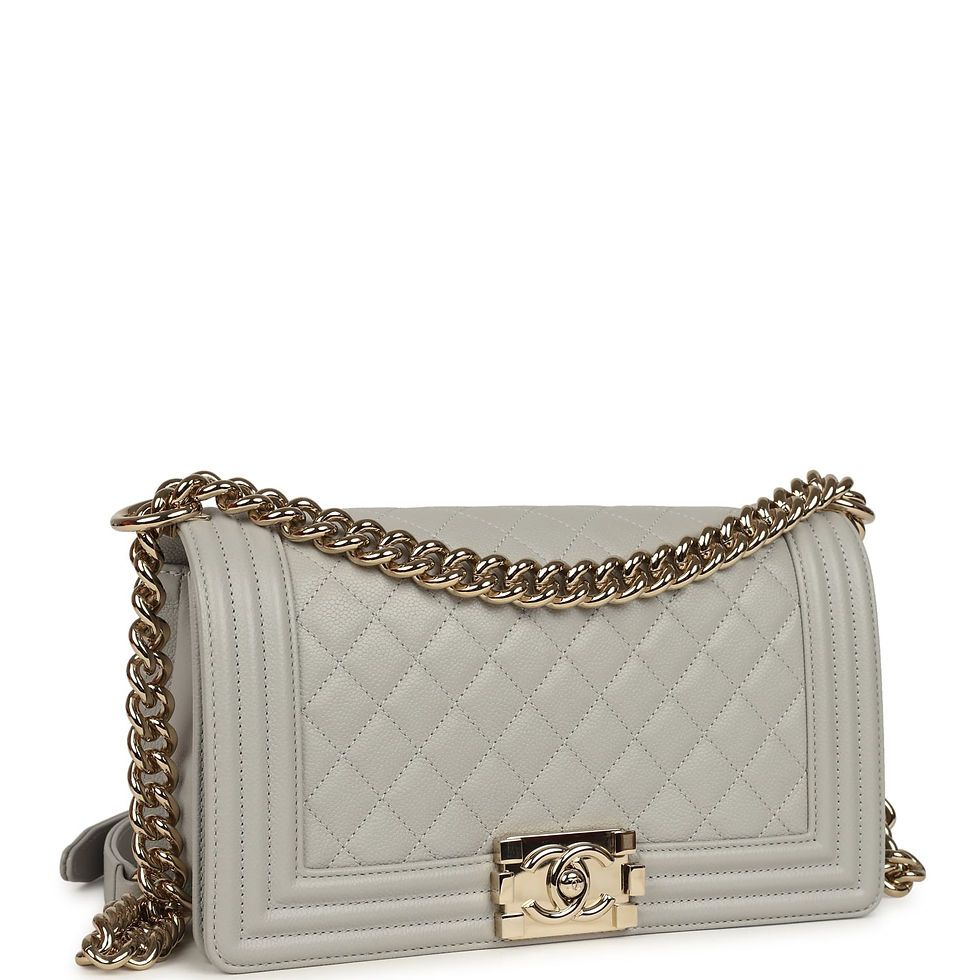 Angled front view highlighting the diamond quilting and polished light gold-tone Boy clasp