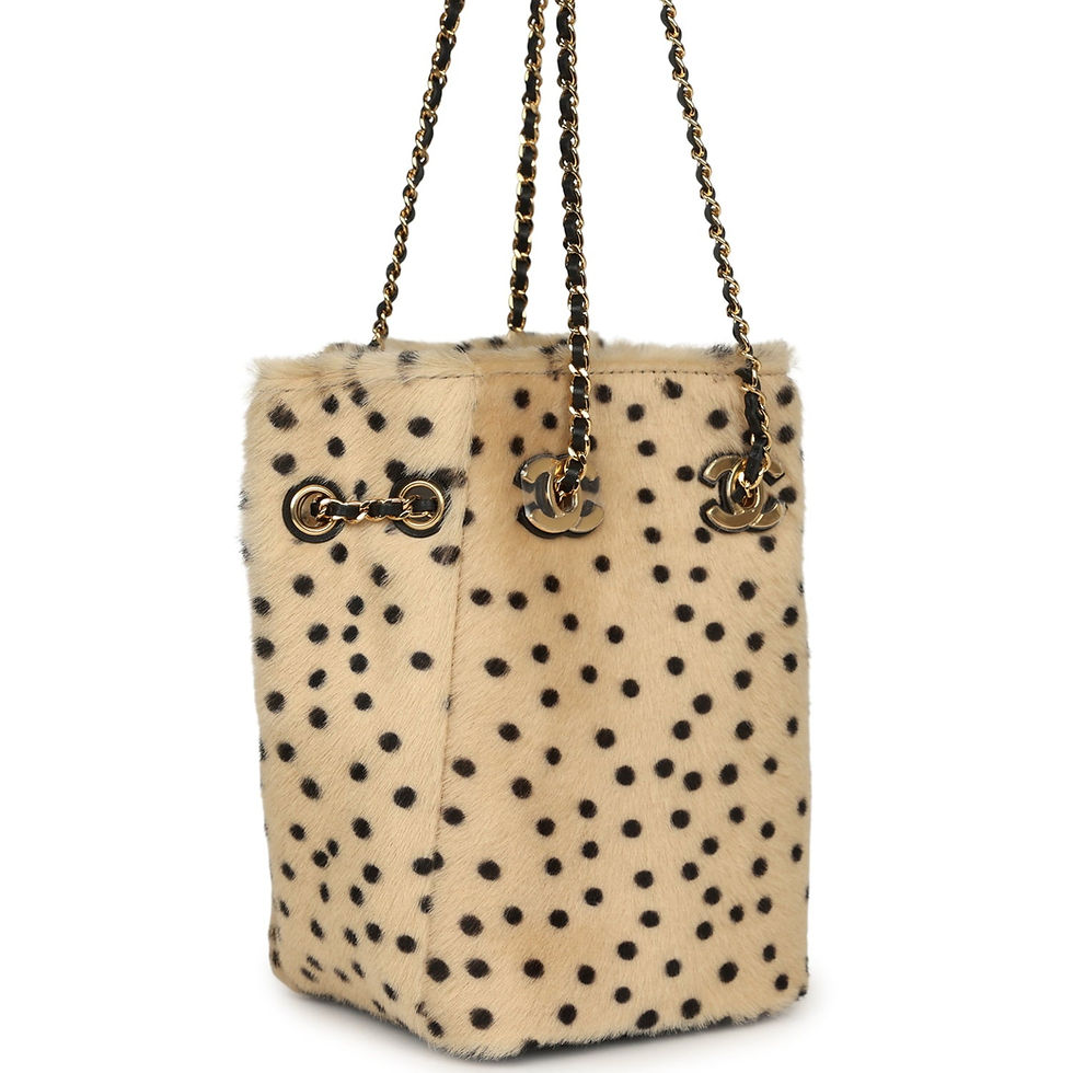 Angled view of the calf hair bucket bag with gold-tone chain drawstring