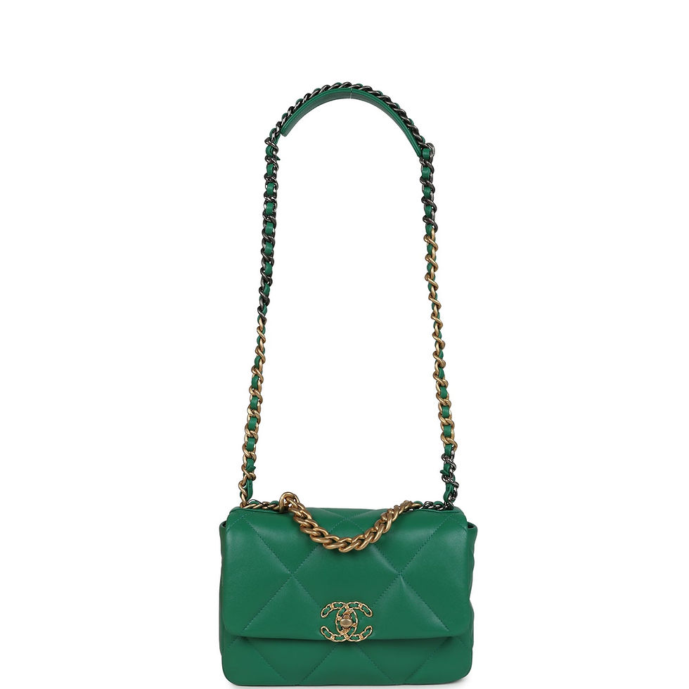 Thumbnail: Three-quarter angled view of the green flap bag showing the front turnlock and chain strap