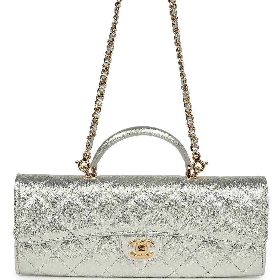 Chanel long top handle clutch bag in metallic silver quilted caviar leather, front view