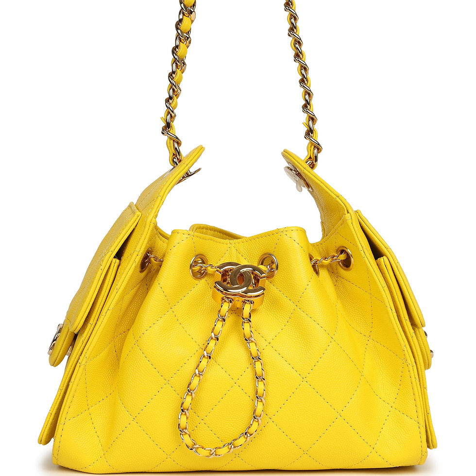 Chanel Mini 25 Hobo Bag in vivid yellow caviar leather, front view with drawstring closure