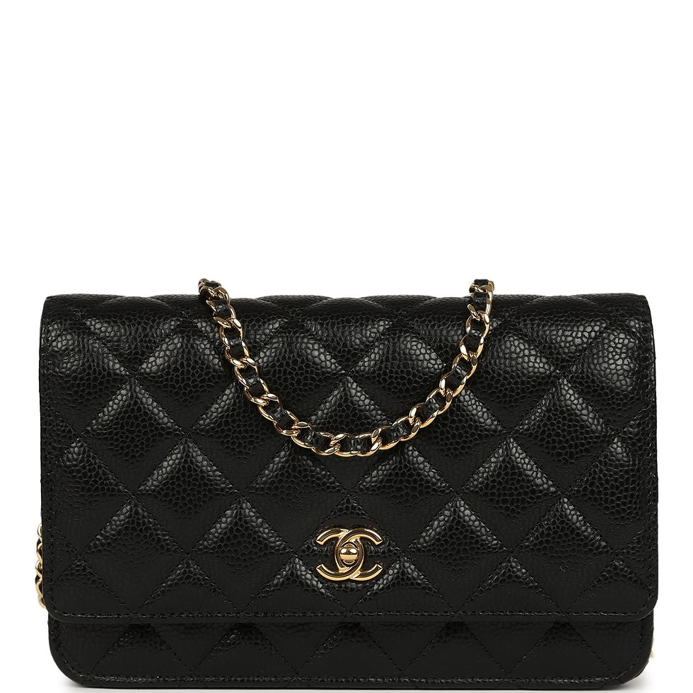 Front view of the wallet on chain in black caviar leather with gold hardware