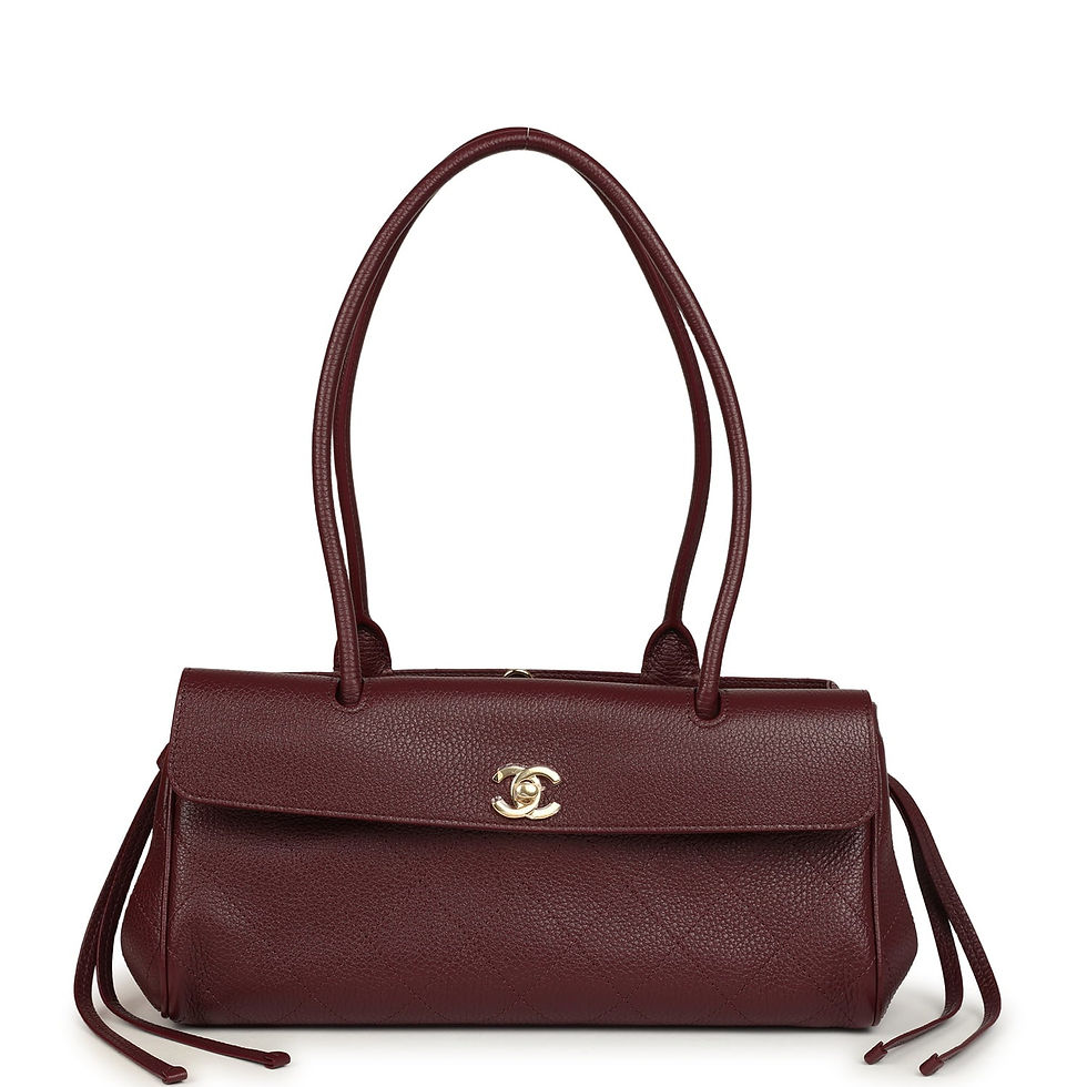Front view of the Chanel Urban Essential tote in dark burgundy caviar leather with its gold-tone CC turnlock