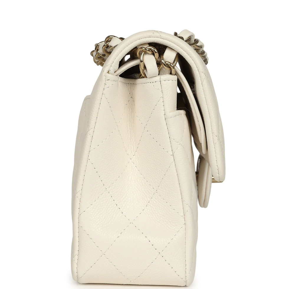Thumbnail: Side profile of the white Chanel Small Classic Flap showing gusset and chain strap