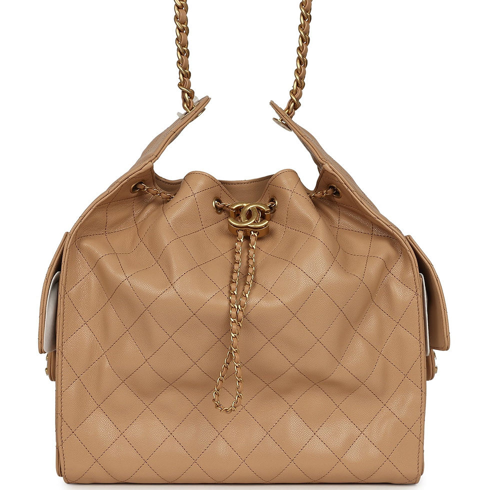 Front view of the beige caviar Chanel 25 Medium bag with antique gold-tone CC fastening