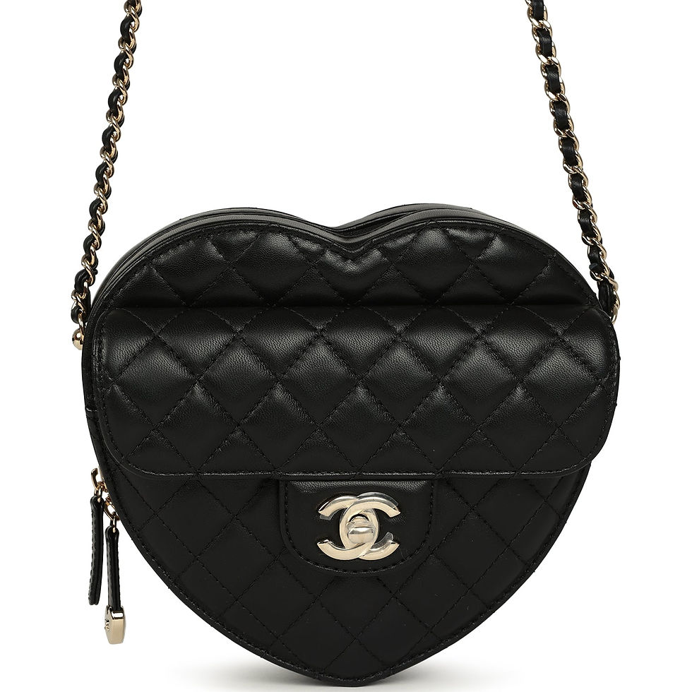 Front view of a black quilted lambskin Chanel heart-shaped bag with gold CC turnlock