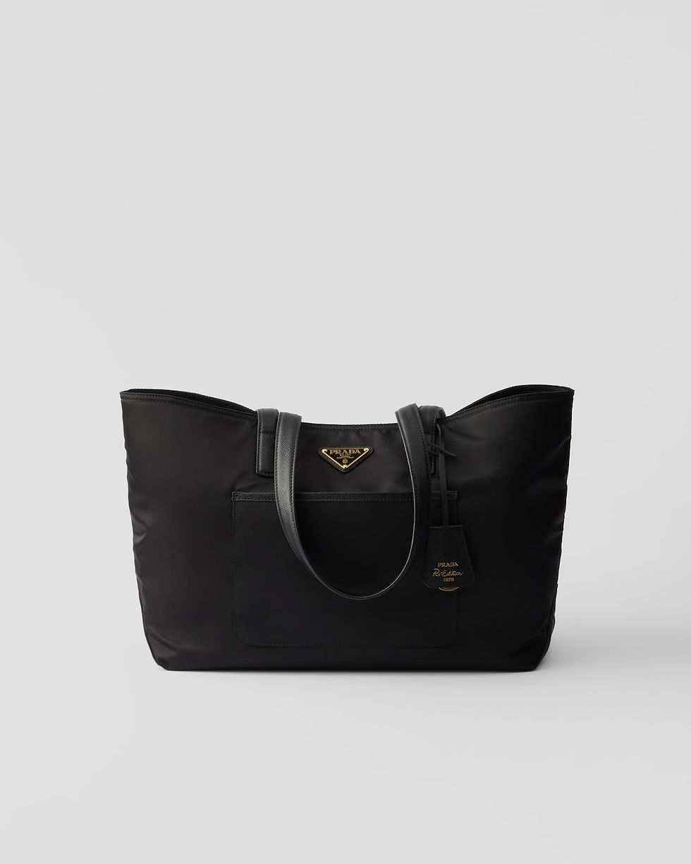 Prada Re-Edition 1978 medium tote in black Re-Nylon and Saffiano leather – front view
