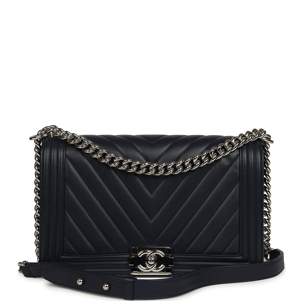 Chanel New Medium Boy Bag in navy blue chevron-quilted calfskin with silver-tone chain strap