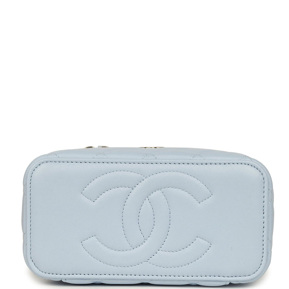 Thumbnail: Base of the light blue Chanel Vanity Case showing the large stitched CC motif