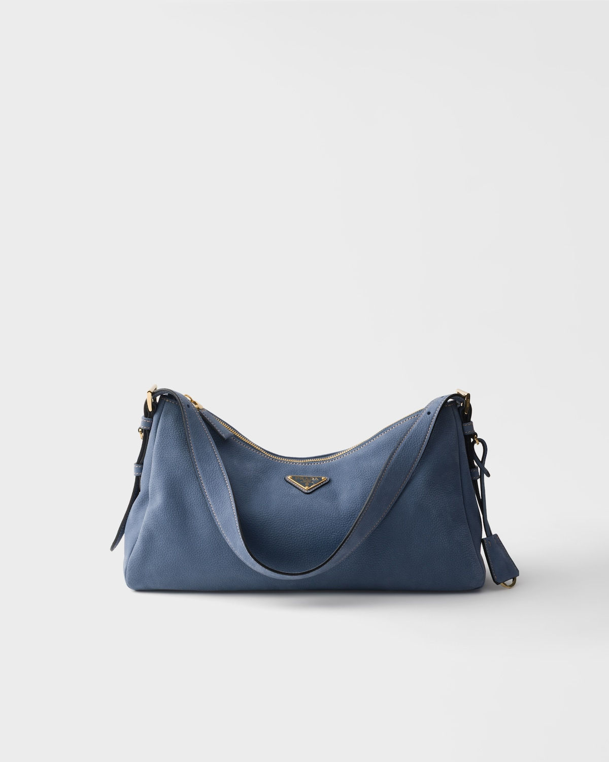 Prada Aimée large shoulder bag in aviation blue nubuck leather – front view
