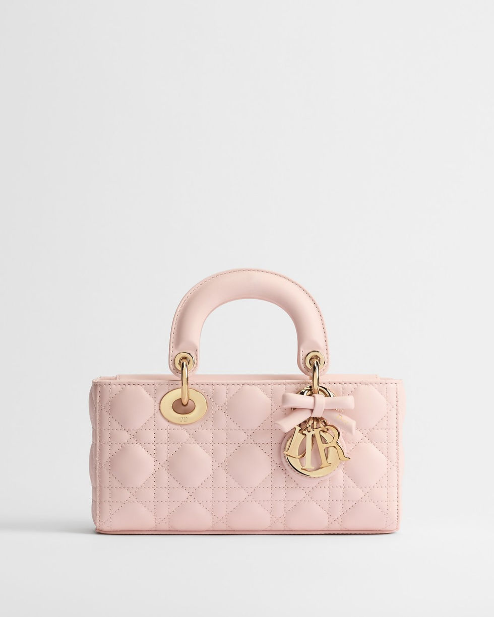 Dior Small Lady D-Joy bag with bow in Soupir pink Cannage lambskin – front view