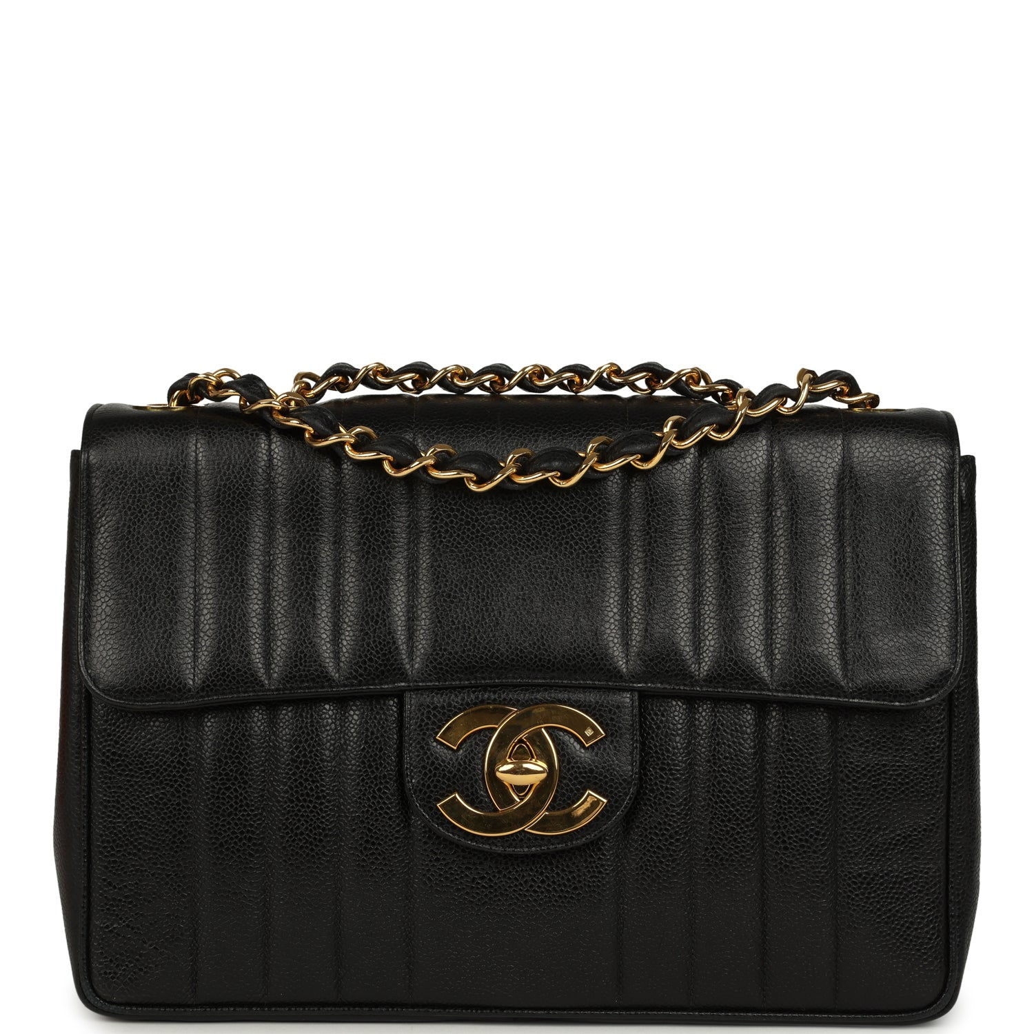 Front view of the black caviar Jumbo flap with vertical Mademoiselle quilting and gold hardware