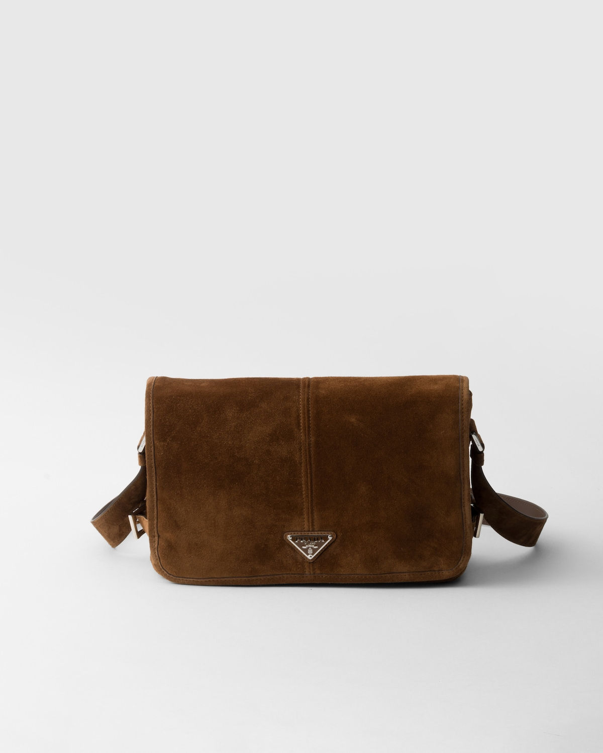 Prada flap shoulder bag in cocoa brown suede – front view