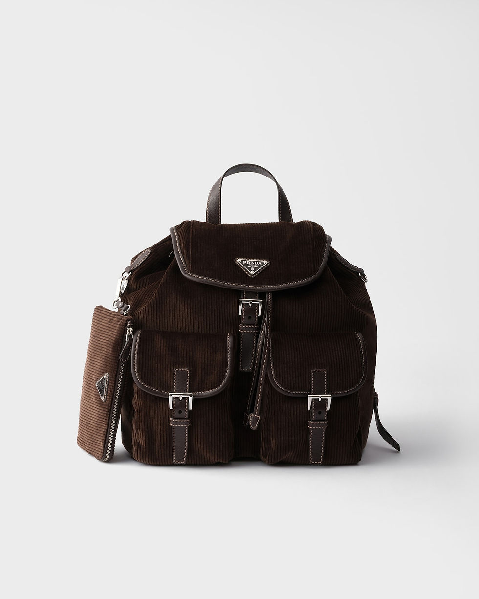 Prada medium backpack in ebony corduroy and leather – front view