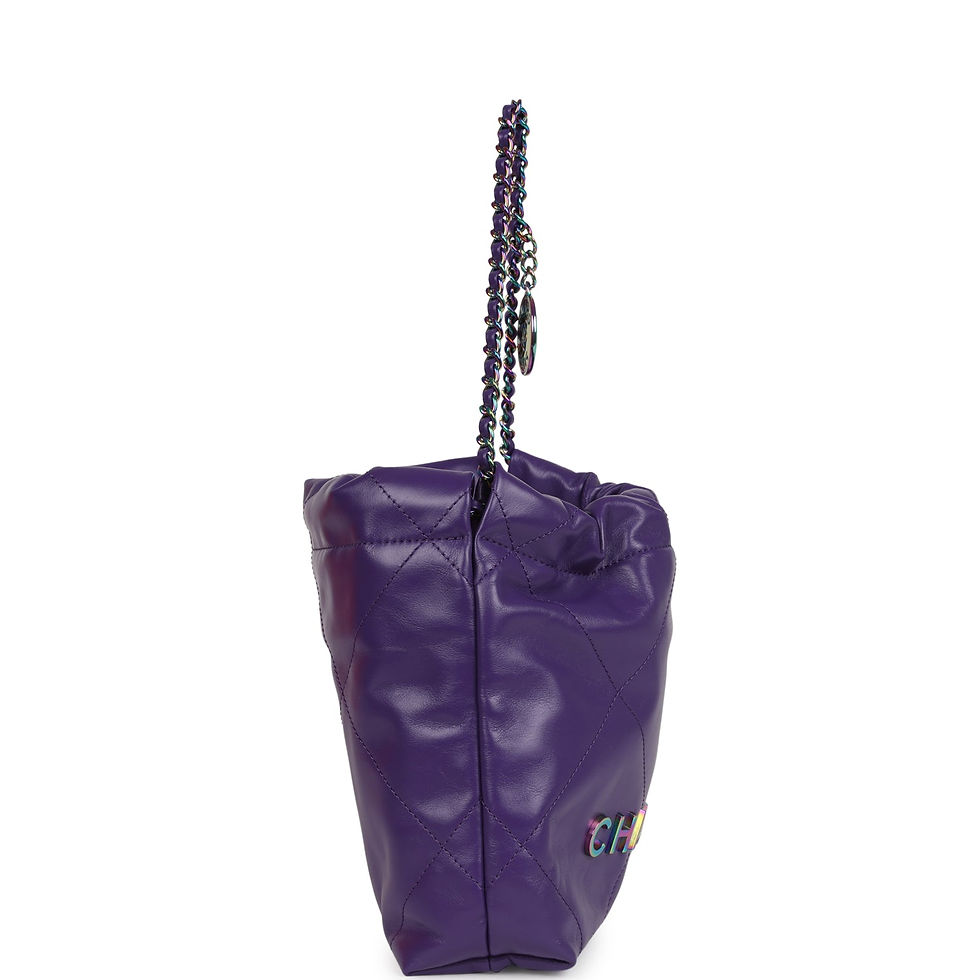 Thumbnail: Side profile of the dark purple lambskin Chanel 22 Mini bag showing its slouchy silhouette