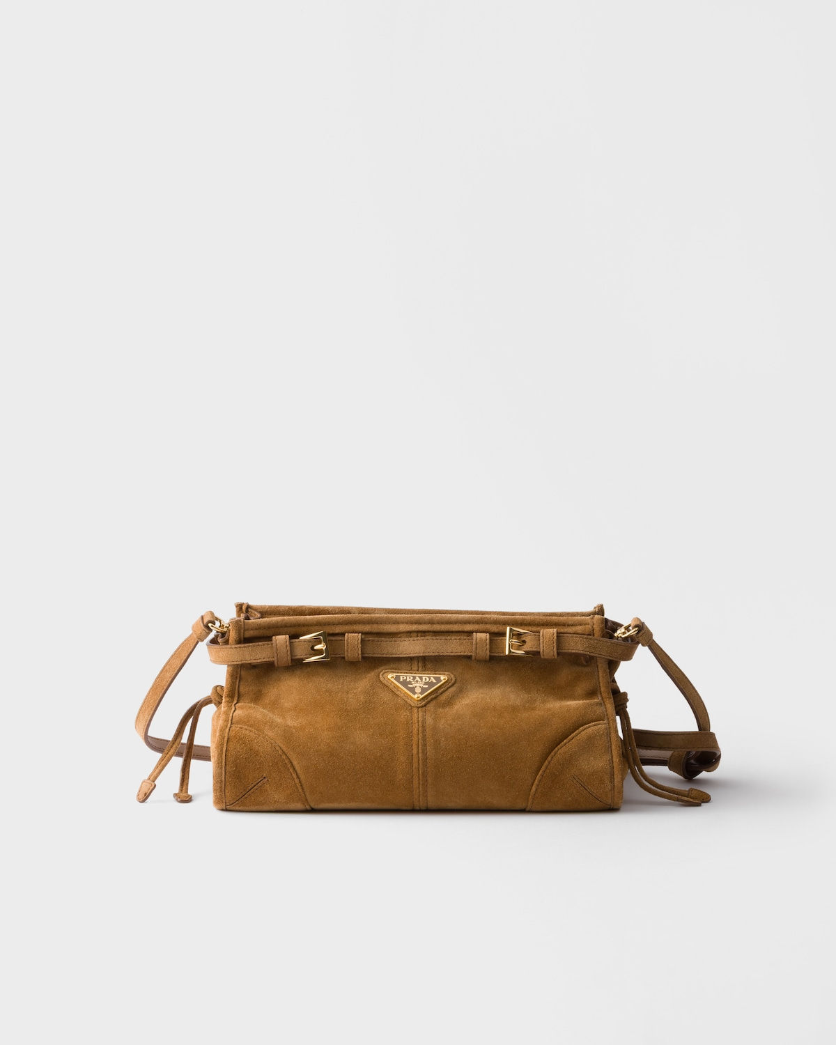 Prada Bonnie small shoulder bag in cinnamon suede – front view