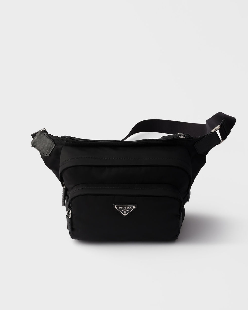 Prada shoulder bag with adjustable straps in black Re-Nylon and leather – front view