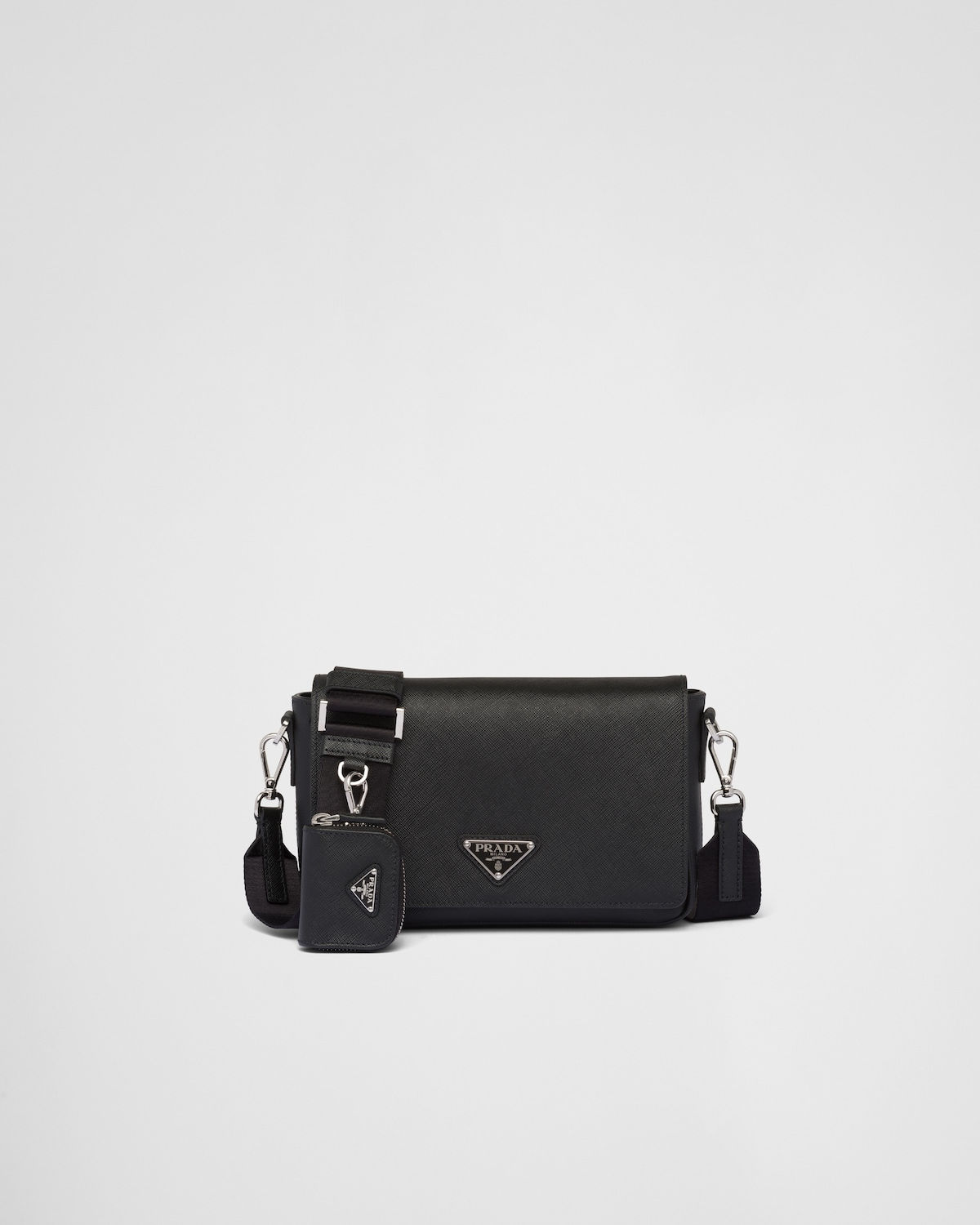 Prada shoulder bag with pouch in black Saffiano leather – front view