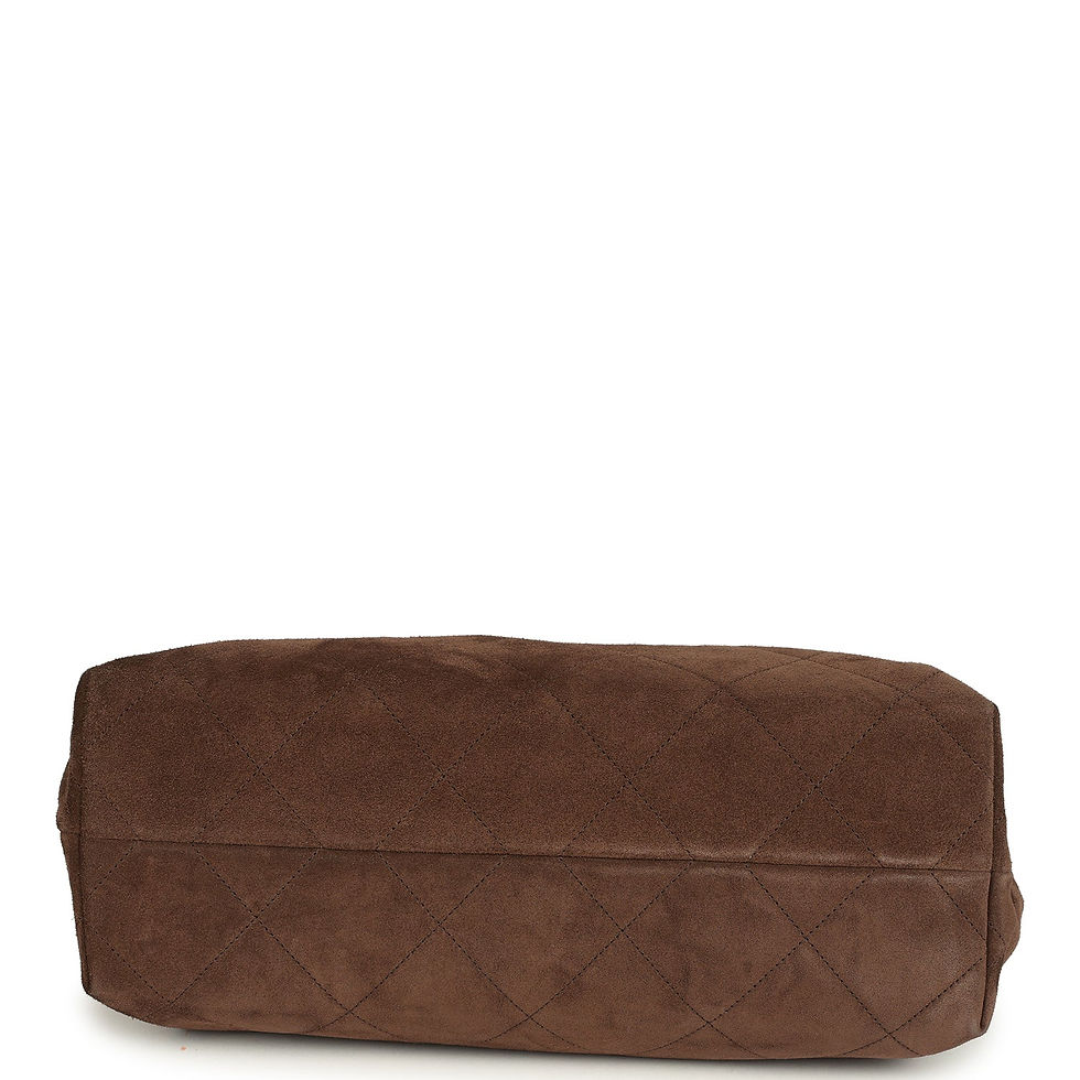 Thumbnail: Second close-up front view of the dark brown suede hobo bag on its chain strap