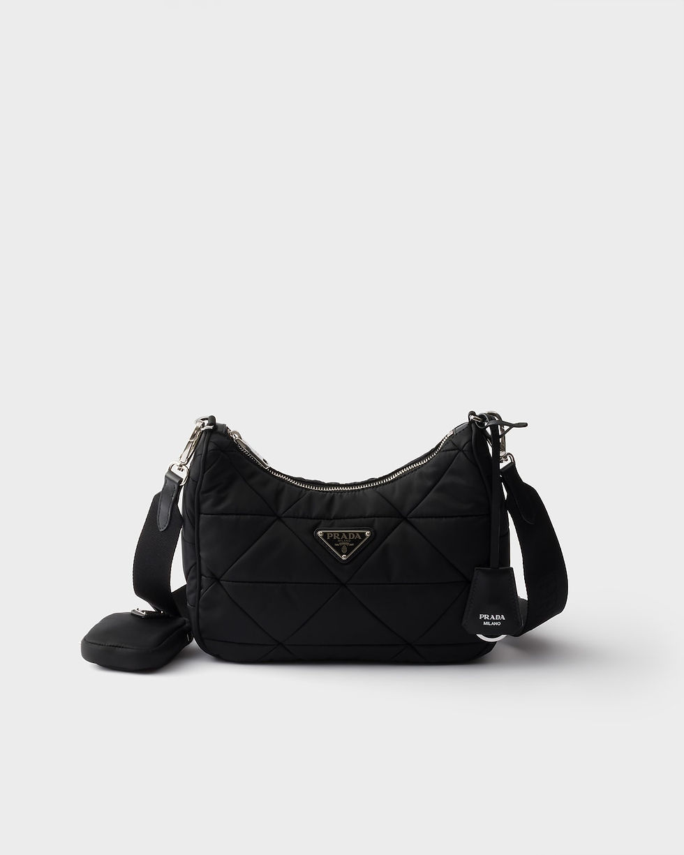 Prada quilted hobo bag in black Re-Nylon – front view