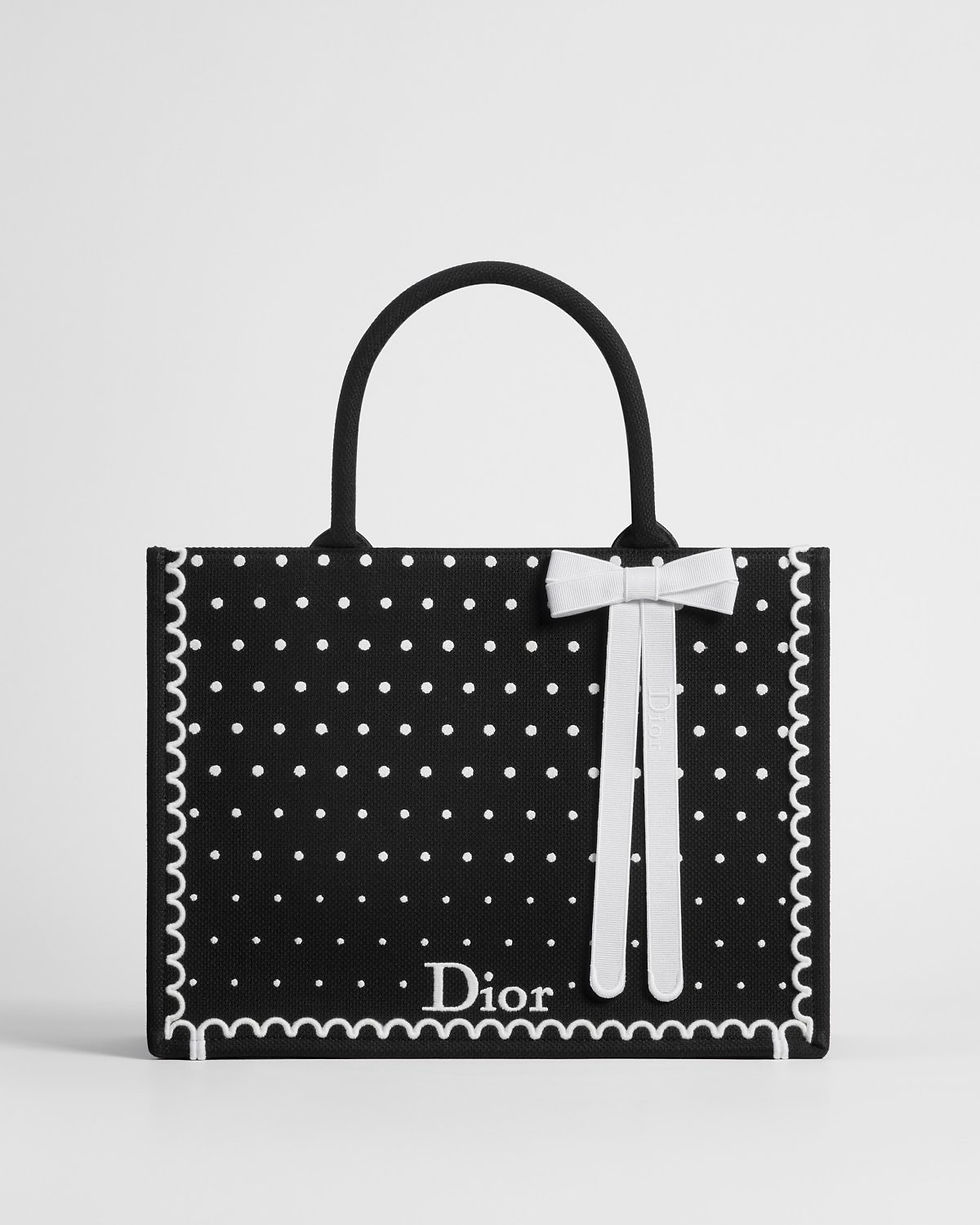 Dior Medium Book Tote in black cotton with PolkaDior embroidery – front view