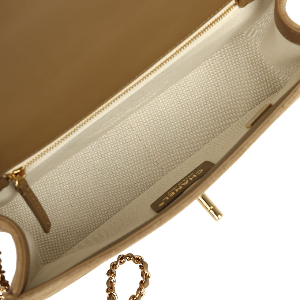Thumbnail: Close-up of the stitched interlocking CC motif on the ivory interior lining