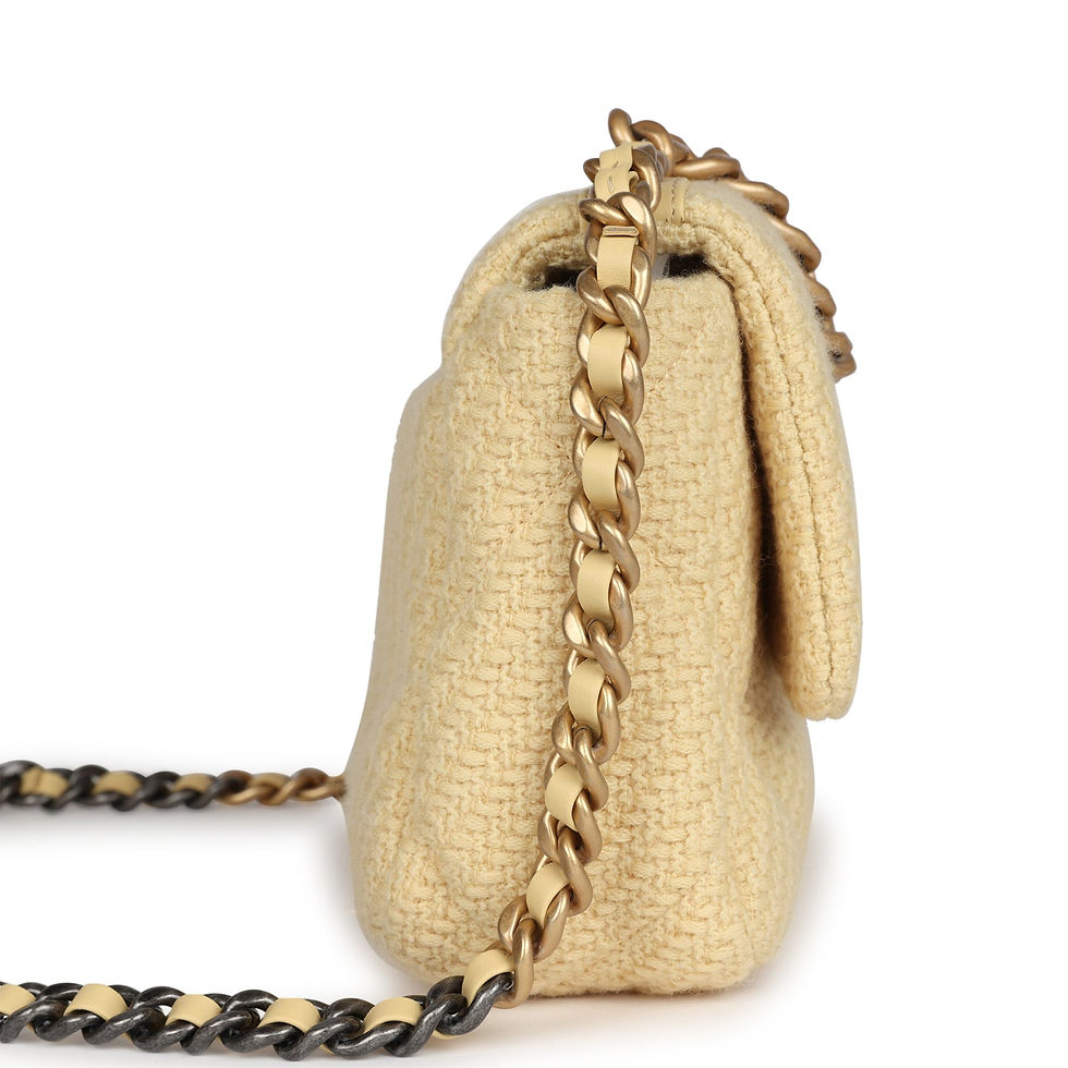 Thumbnail: Side profile of the yellow tweed flap bag showing the mixed metal chain-and-leather strap