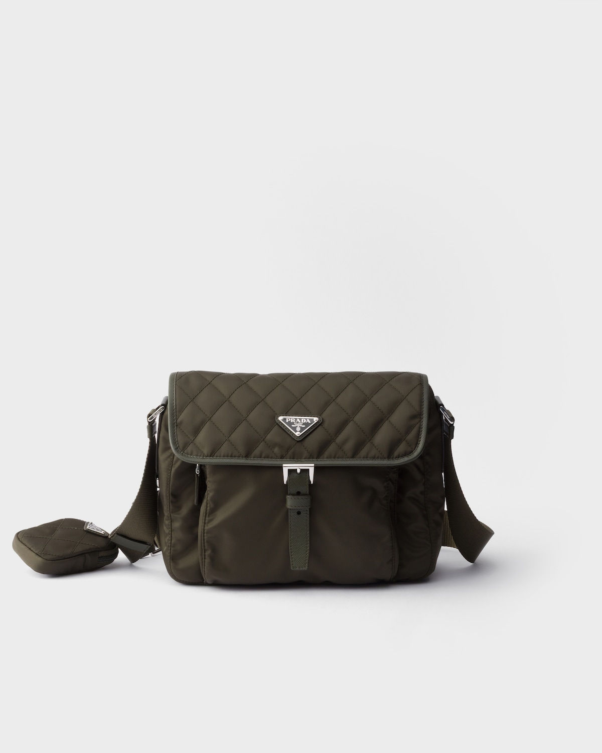 Prada medium quilted shoulder bag in forest Re-Nylon and Saffiano leather – front view
