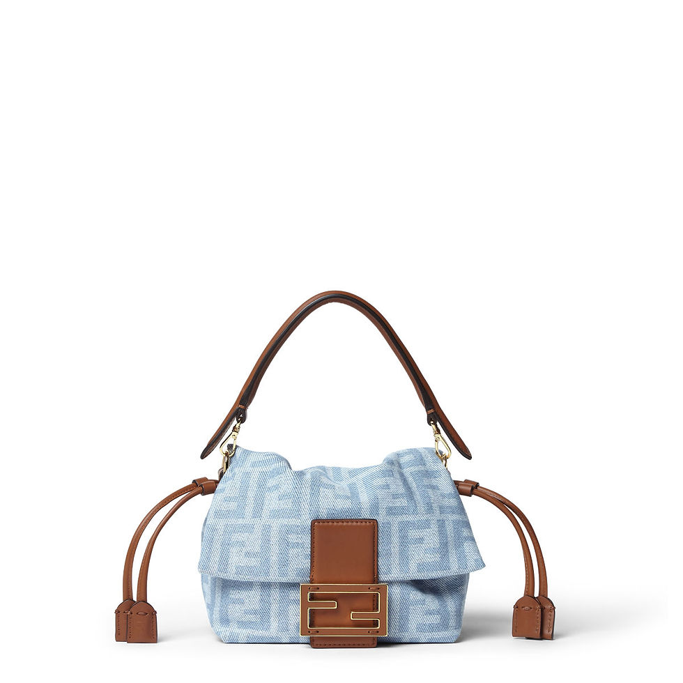 Fendi Baguette Soft Small bag in light blue FF denim – front view