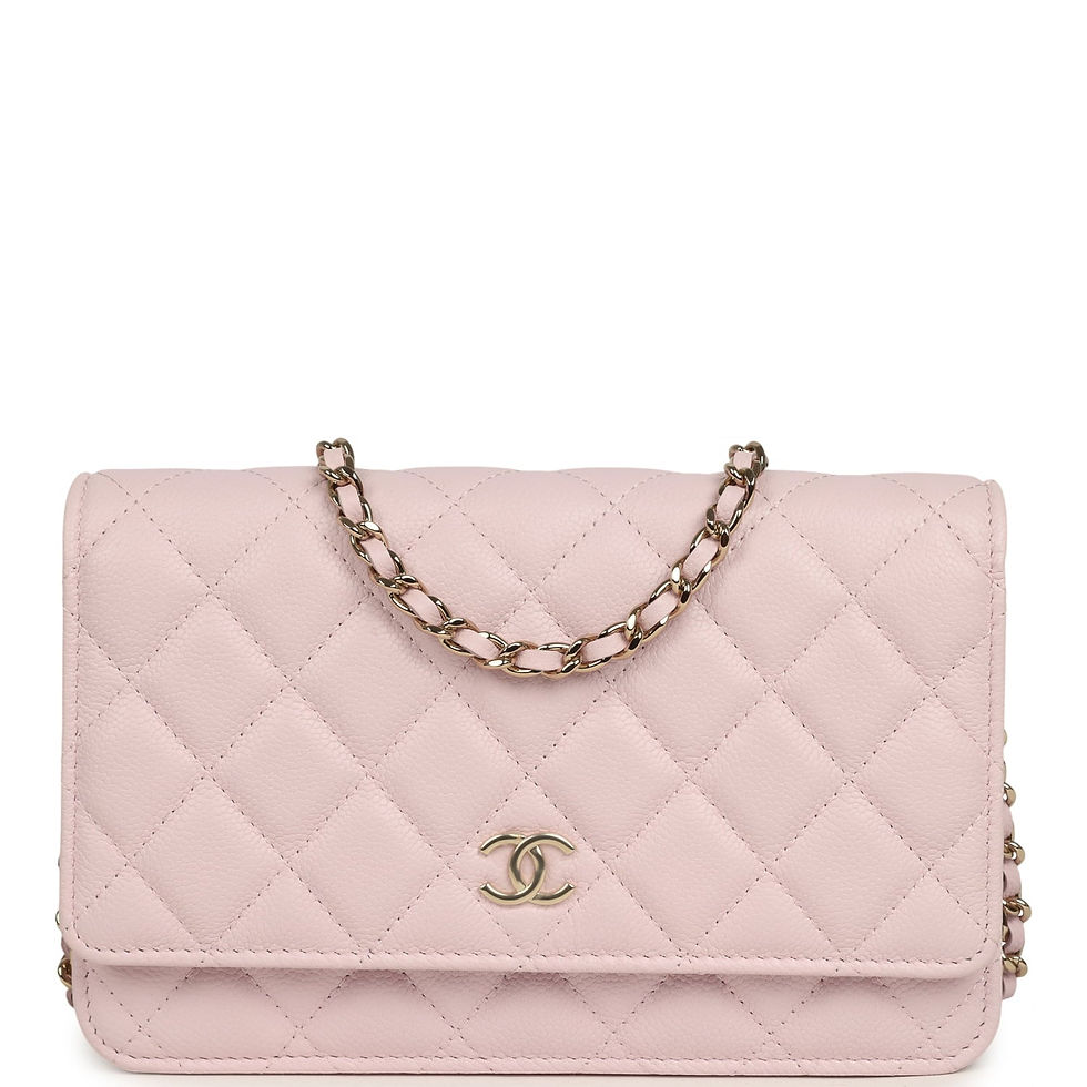 Front view of the wallet on chain in light pink caviar leather