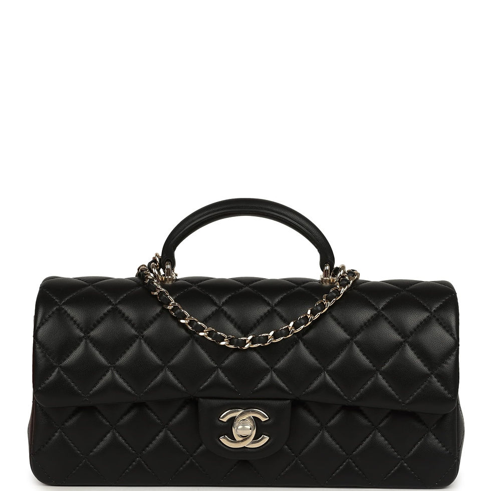 Chanel Classic Top Handle Long Flap Bag in black lambskin, front view with top handle