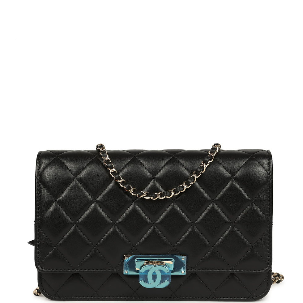 Front view of the wallet on chain in black lambskin with a lucite CC turn-lock