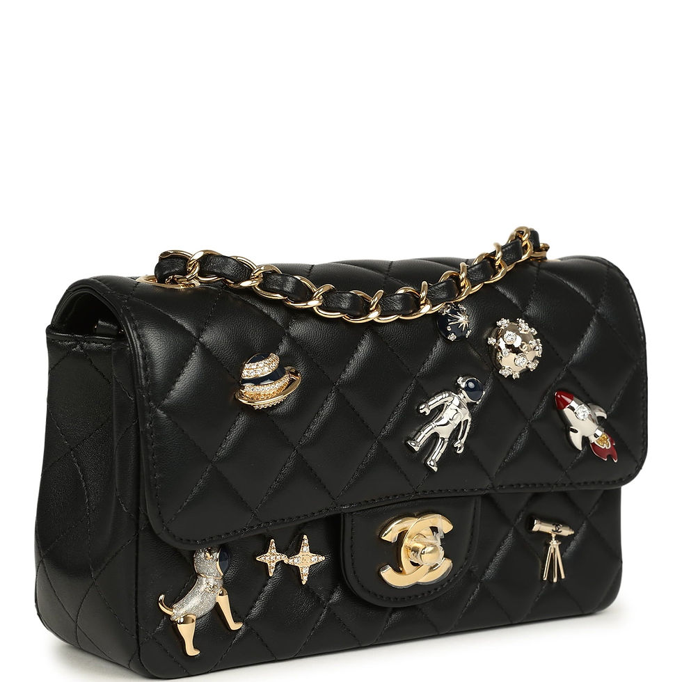 Side-angled view of the black lambskin Chanel Mini Flap showing the astronaut and rocket charms