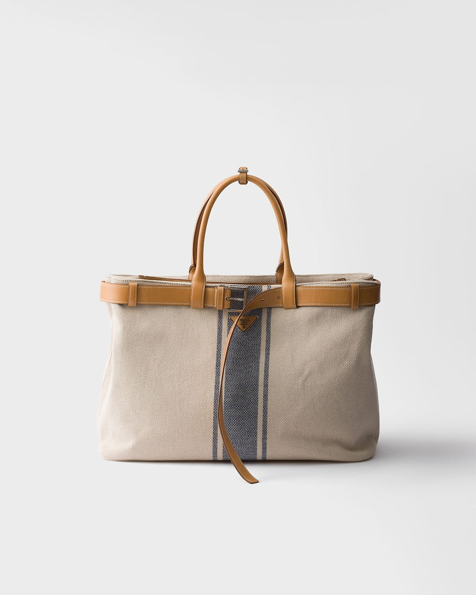 Prada Buckle bag in beige/Baltic blue canvas and leather – front view
