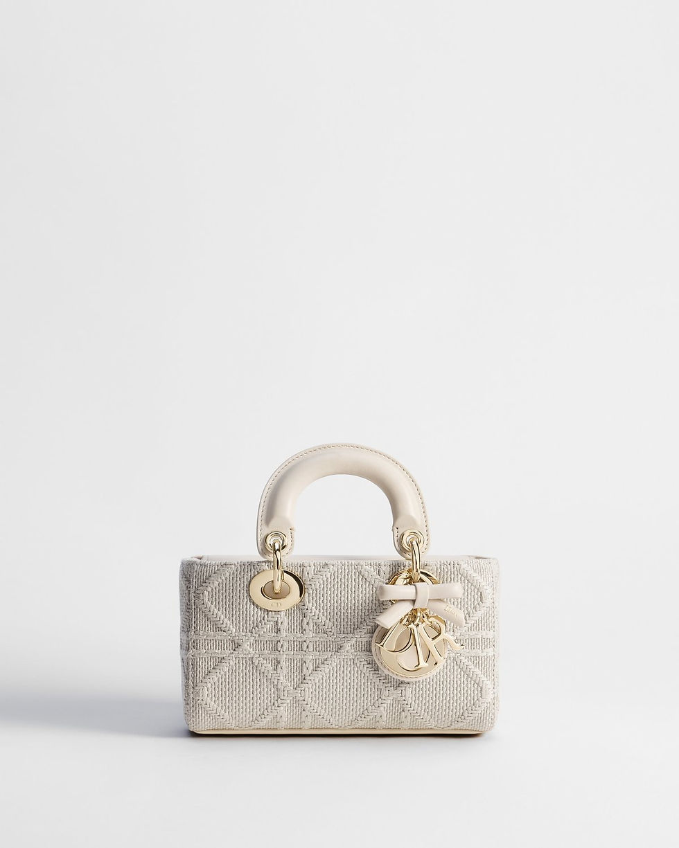Dior Mini Lady D-Joy bag in beige raffia-effect Cannage embroidery – front view