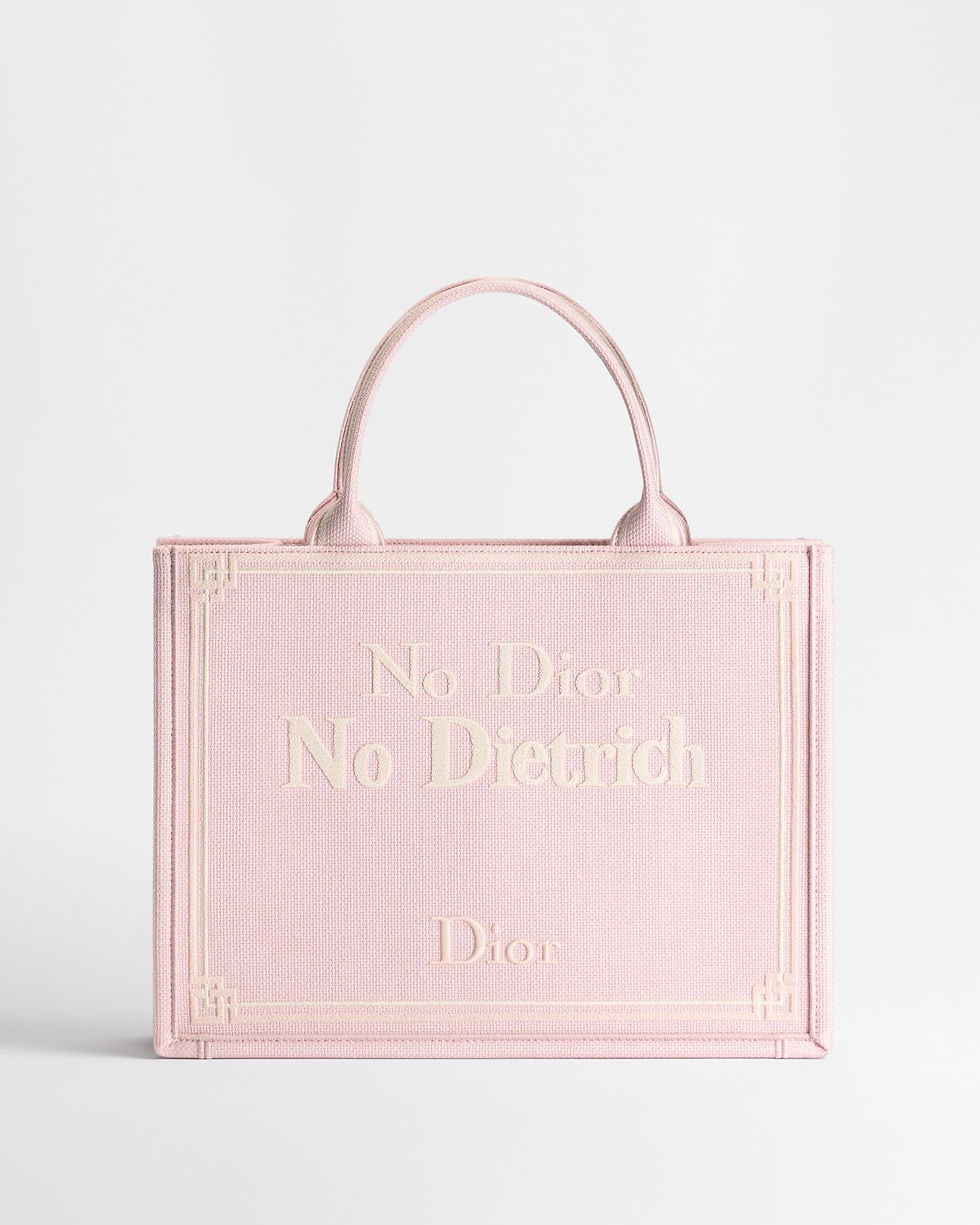 Dior Medium Book Tote in pink cotton with No Dior, No Dietrich motif – front view