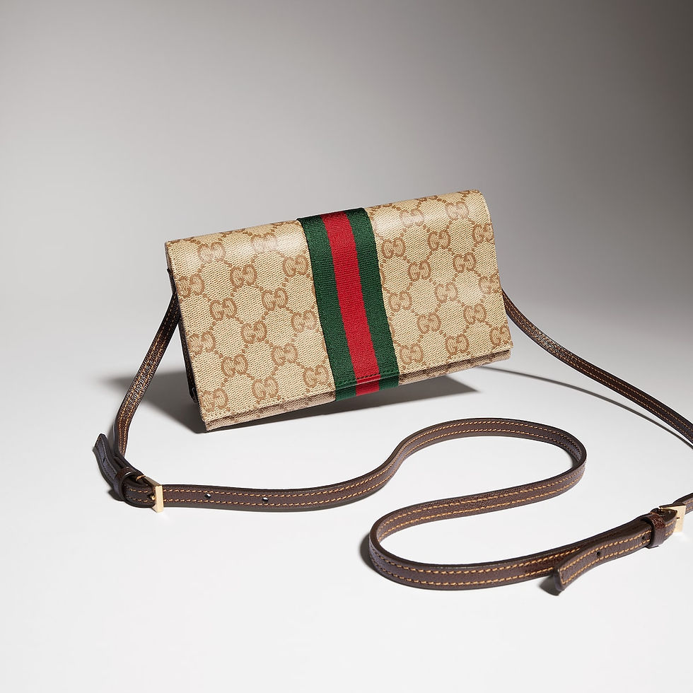 Thumbnail: Gucci Small pouch with strap and Web - sand and brown GG canvas