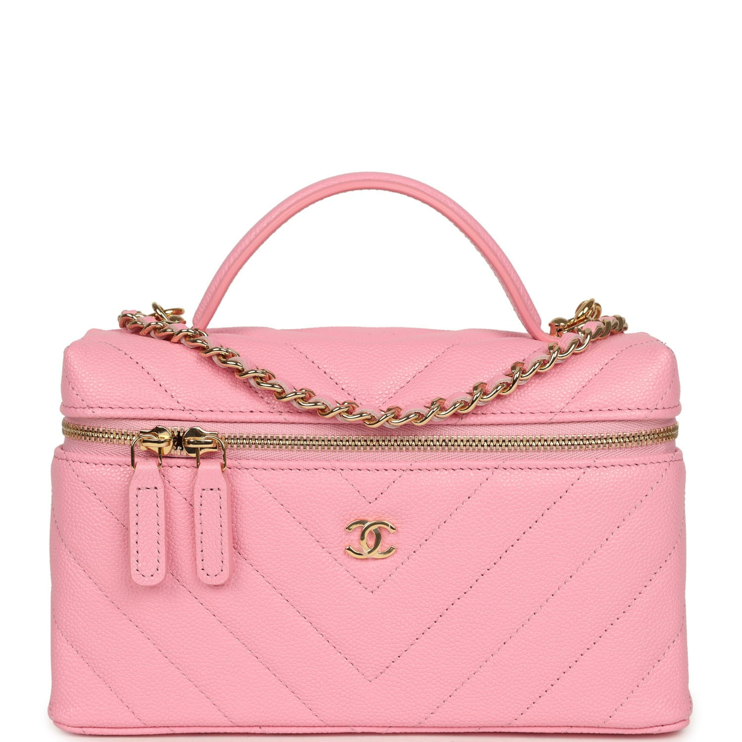 Front view of the Chanel Sleek Chevron vanity case in bright pink chevron-quilted caviar