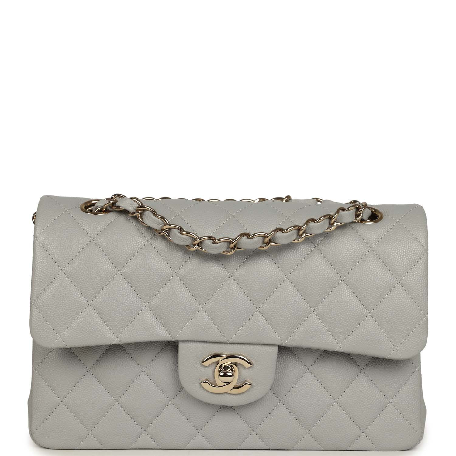 Chanel Small Classic Double Flap bag in light grey caviar leather, front view with light gold-tone chain strap