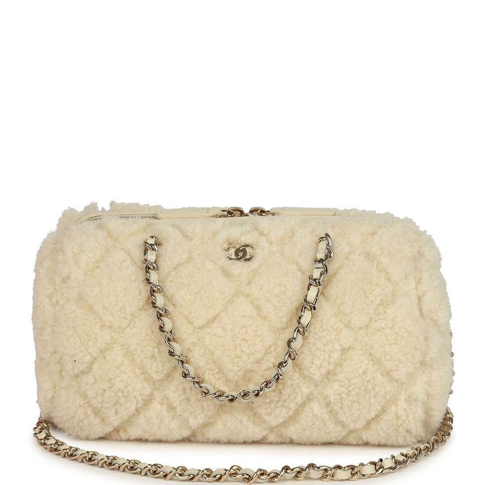 Chanel Mini Timeless Barrel bag in beige quilted shearling, front view with chain strap