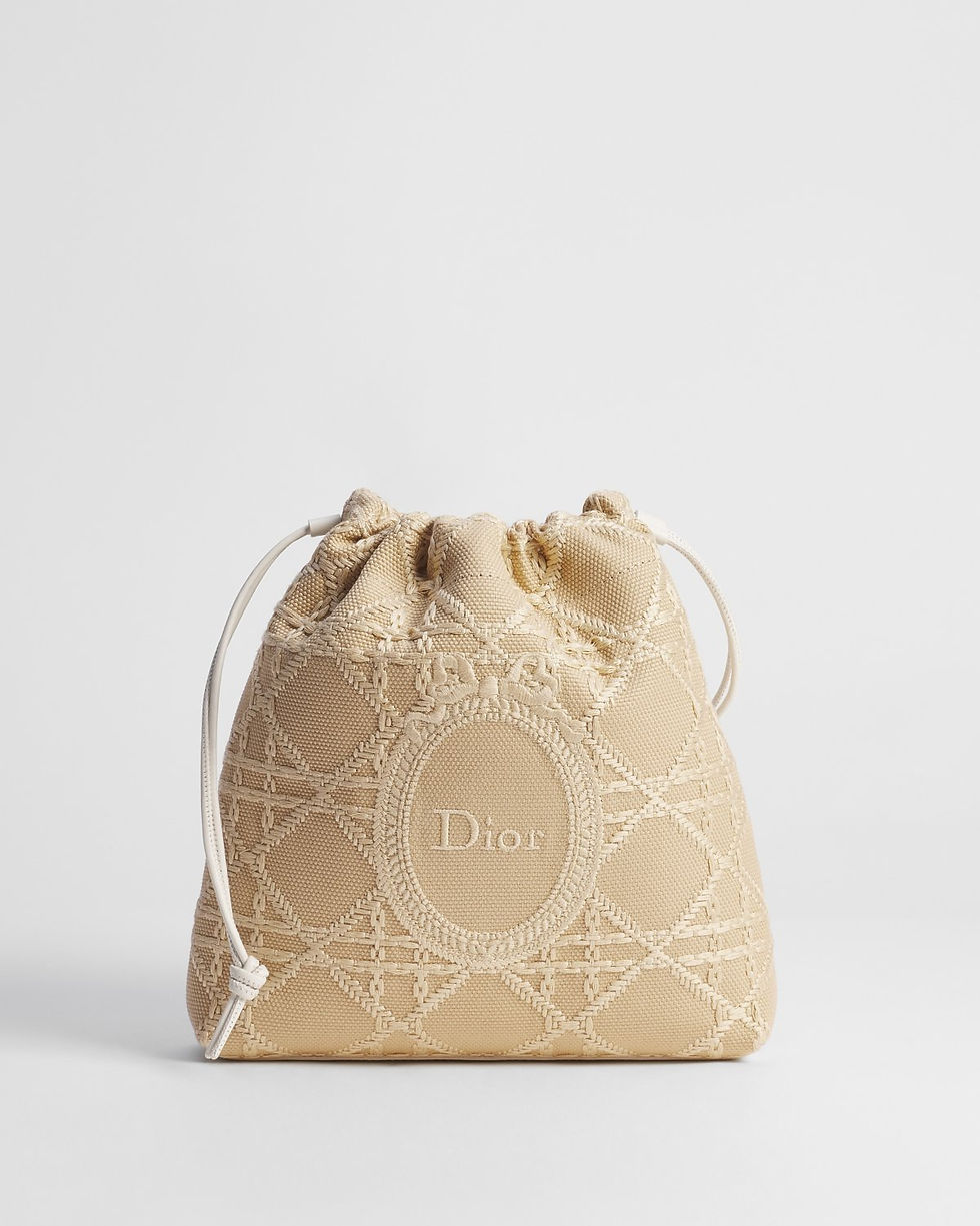 Dior Dioriviera Blooming mini bucket bag in beige Cannage canvas – front view