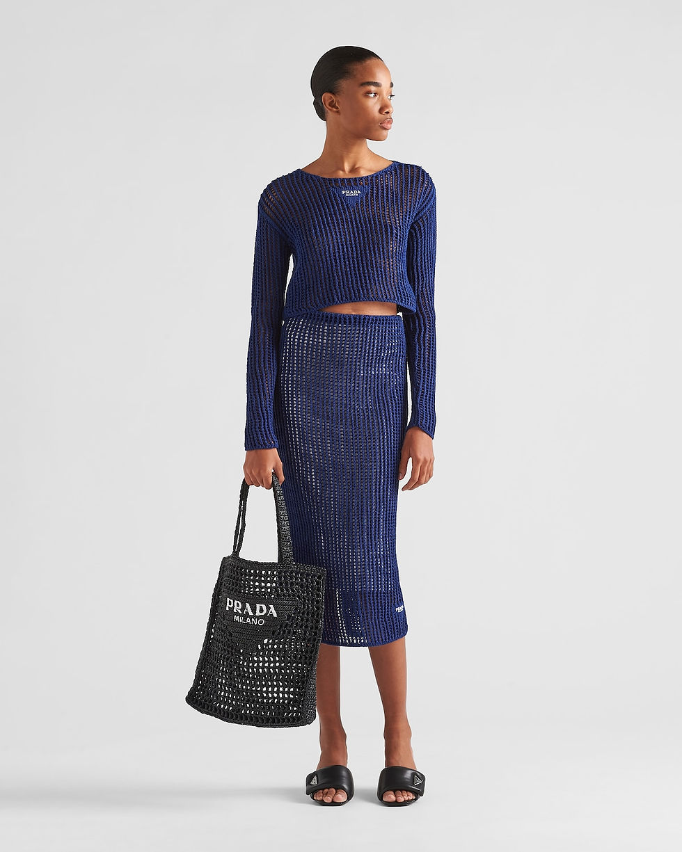 Prada crochet tote bag in black raffia-effect viscose – view 2