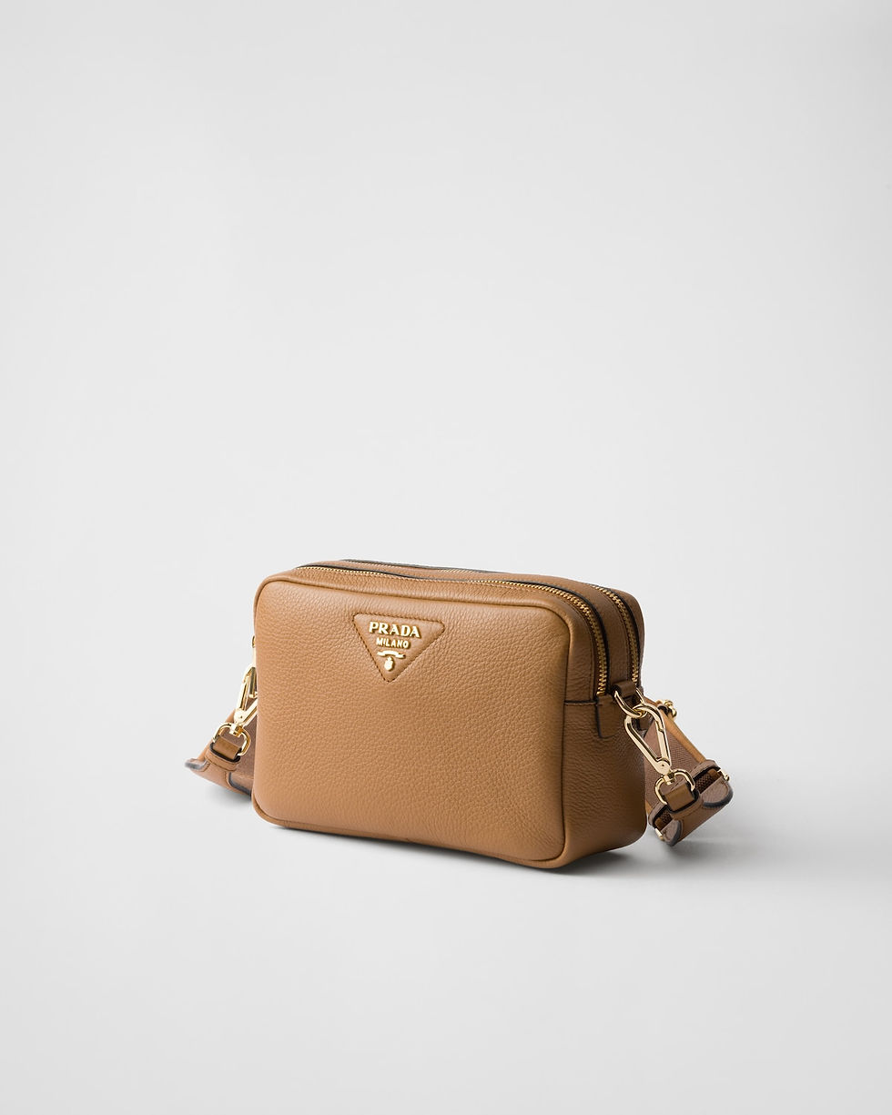Prada small shoulder bag in caramel calfskin with woven tape strap – view 2