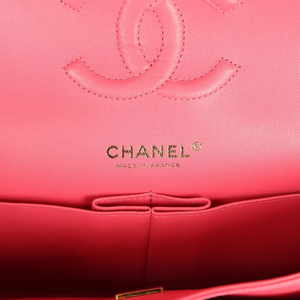 Thumbnail: Close-up of the pink interior leather with embossed Chanel Made in France stamp