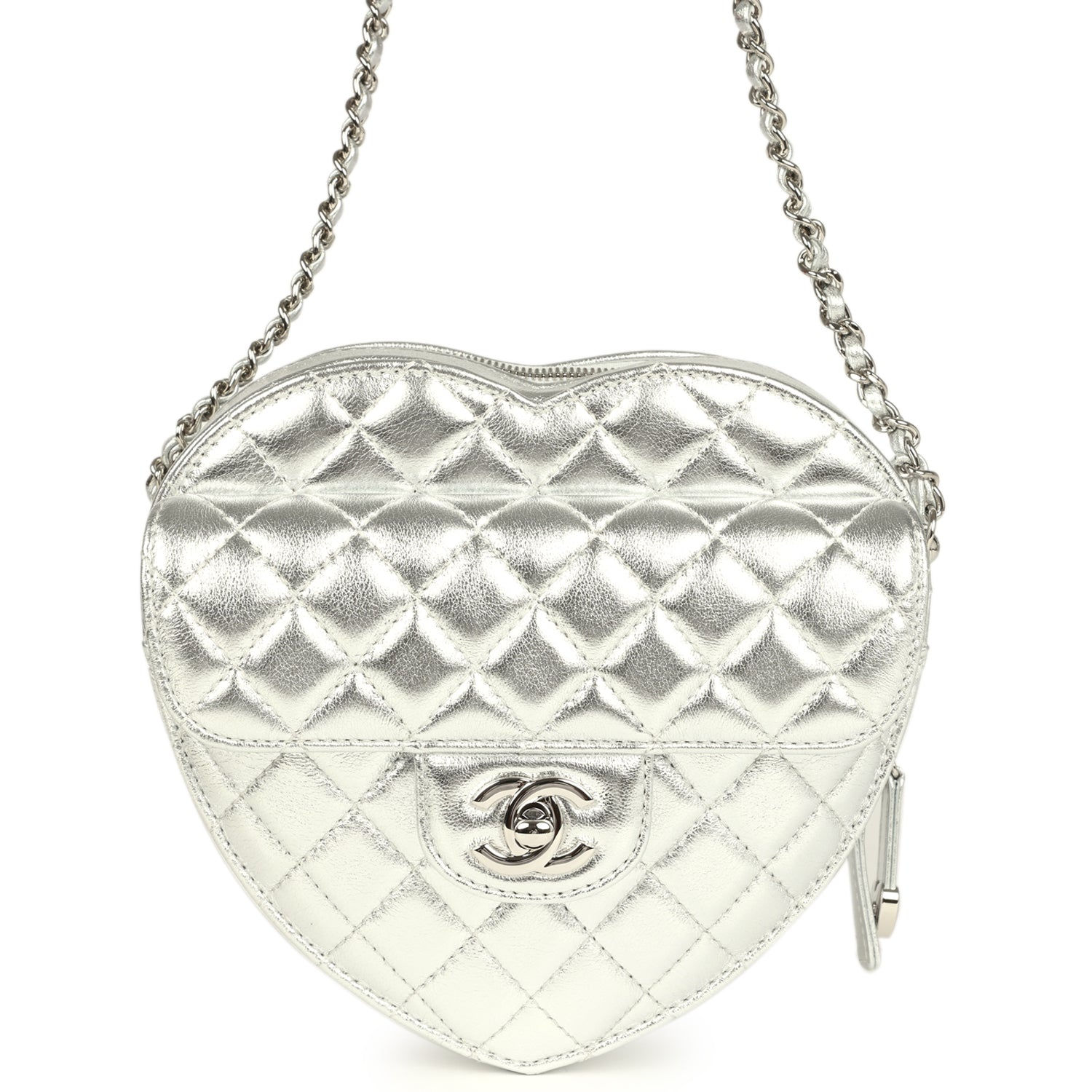 Chanel CC In Love heart bag in silver metallic lambskin with quilted flap and chain strap