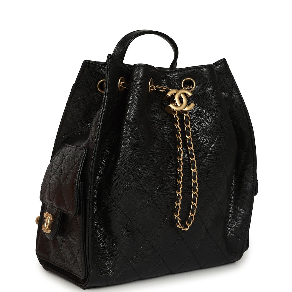Three-quarter view of the black caviar hobo backpack showing the rolled top handle