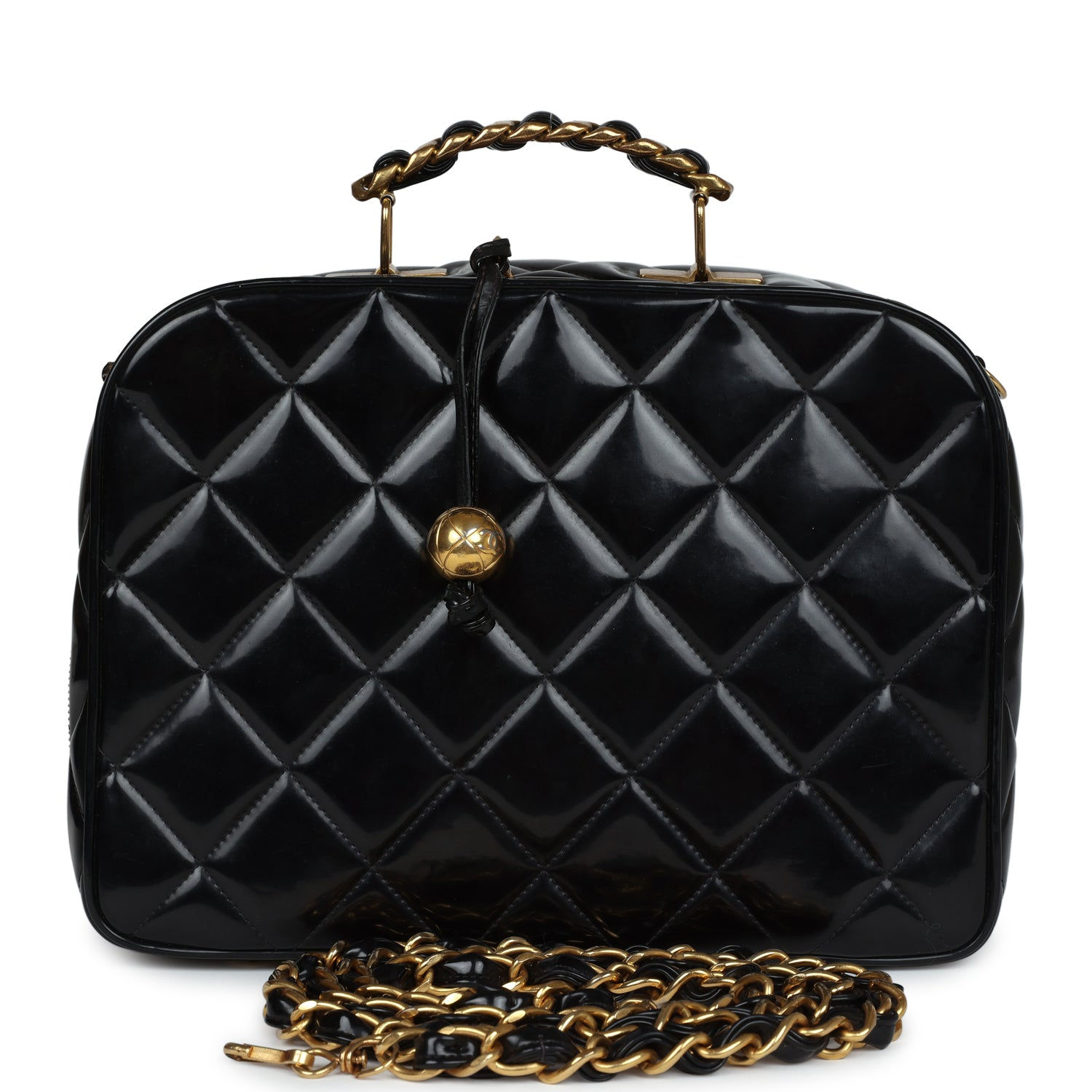 Front view of the black patent lunchbox vanity case with quilted stitching