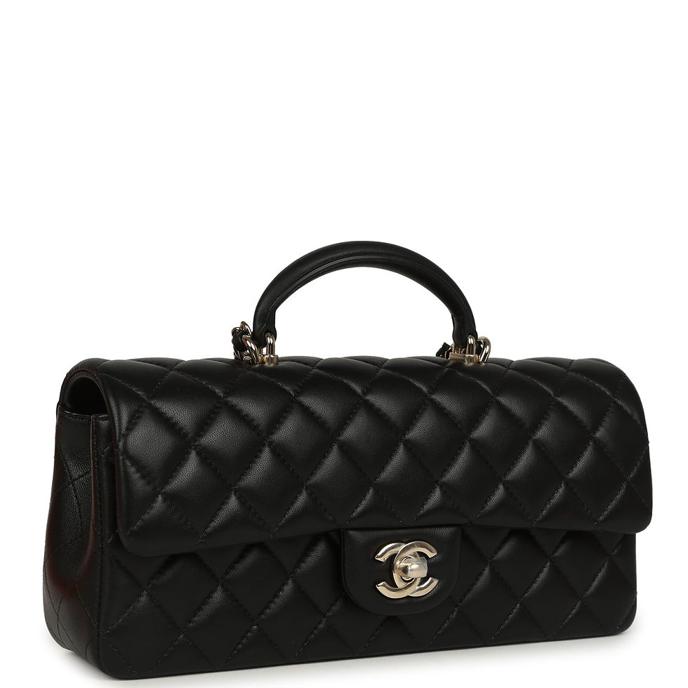 Three-quarter view of the black lambskin top handle flap bag showing the CC turnlock